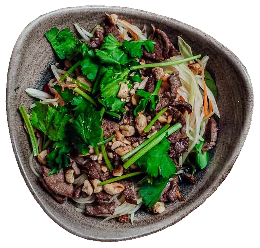 Papayasalat mit Rindfleisch und Koriander in einer Steingutschale, von oben